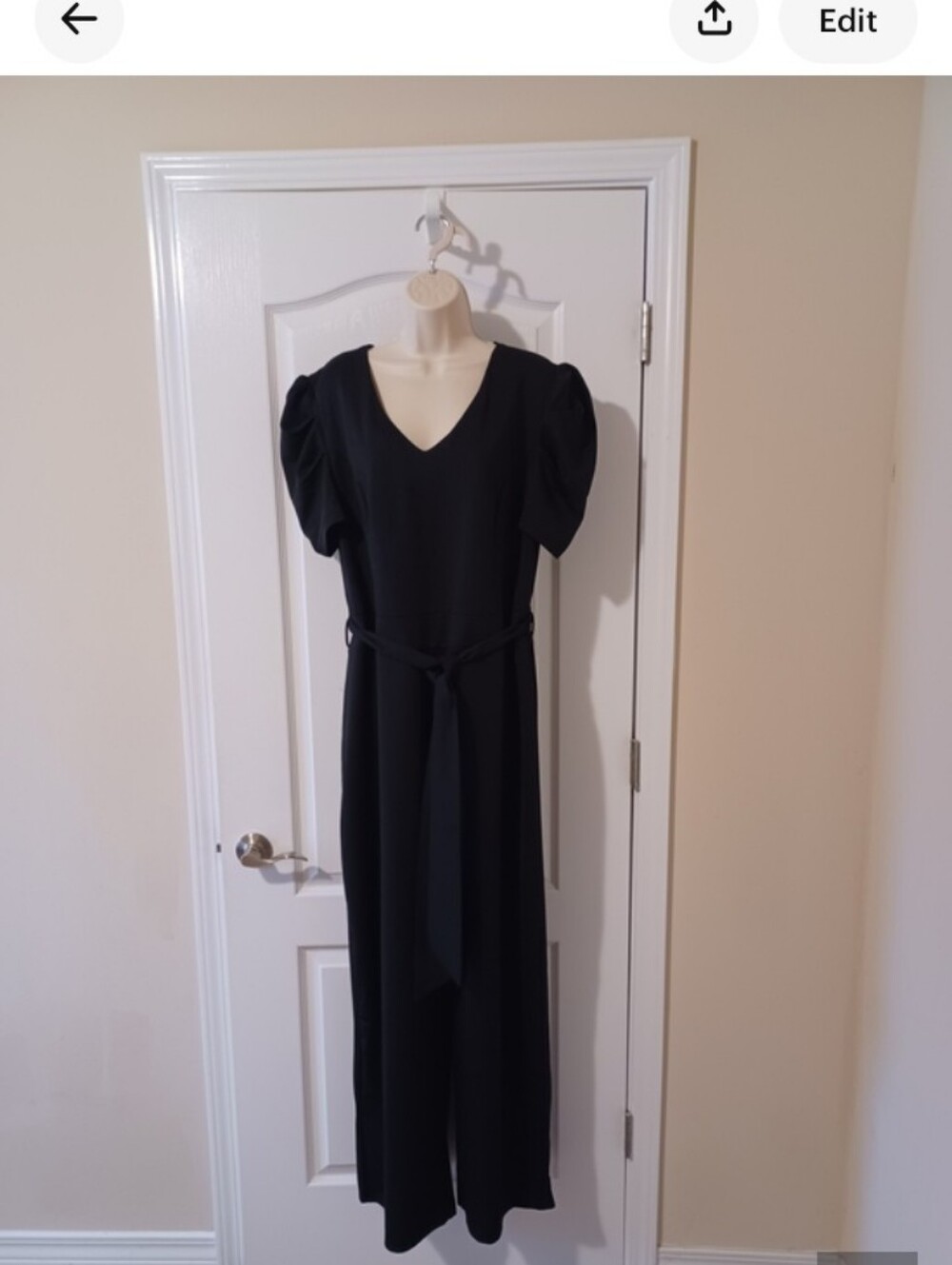 Women's Black V-Neck Short Sleeve Belted Wide-Leg Jumpsuit